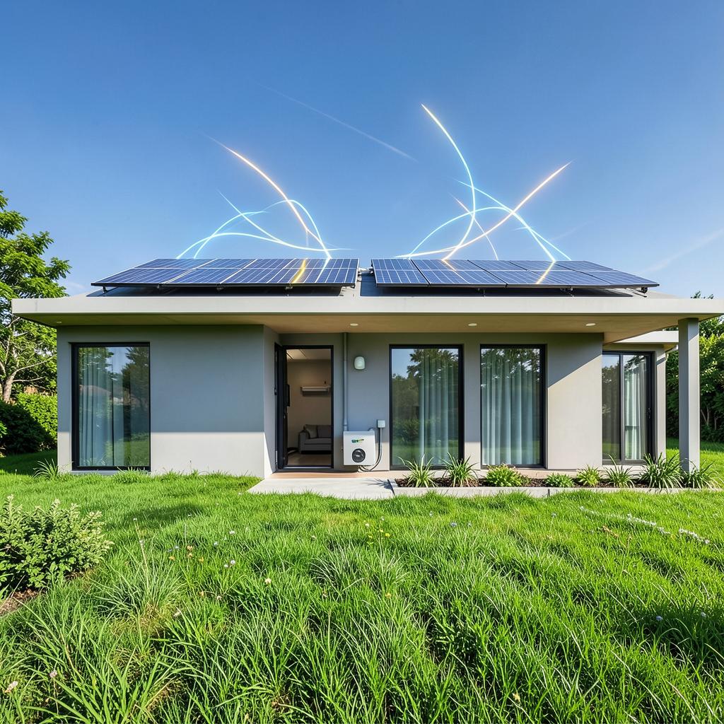 Casa moderna con pannelli fotovoltaici sul tetto e prato verde